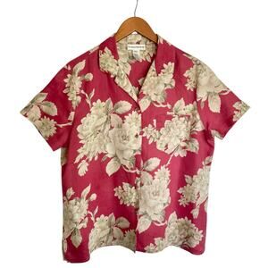Evan Picone Red Cream Floral Print Ramie Camp Shirt Size L Summer Casual Cottage